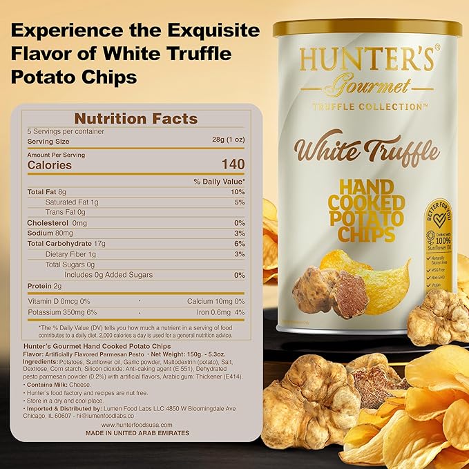 Hunter's Gourmet Truffle Chips | Hand-Cut | No Artificial Colors | Dairy & Lactose Free | Premium Packaging | MSG-Free | White Truffle | Vegan Chips | Pack of 4 | 150g