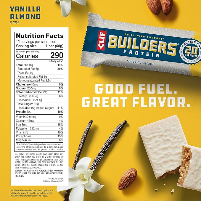 CLIF BUILDERS Protein Bars - Vanilla Almond Flavor - 20g Plant Based Protein - Gluten Free - Non-GMO - Low Glycemic - No Artificial Sweeteners - 2.4 oz. (12 Pack)