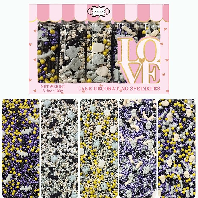 Confect Sprinkles ??Edible Pearl Mix in White, Purple, Black & Ghastly Green with Ghost Party Shapes: Boo, Bats & Bones ??Halloween Sprinkles for Cupcakes, Cookies & Spooky Treats- 5 Oz