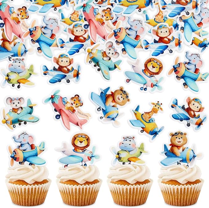40Pcs Edible Airplane Cupcake Toppers Wafer Paper Animal Birthday Decorations Cupcake Toppers for Kids Boys Girls Cute Animal Theme Baby Shower Kids Boys Party Decorations