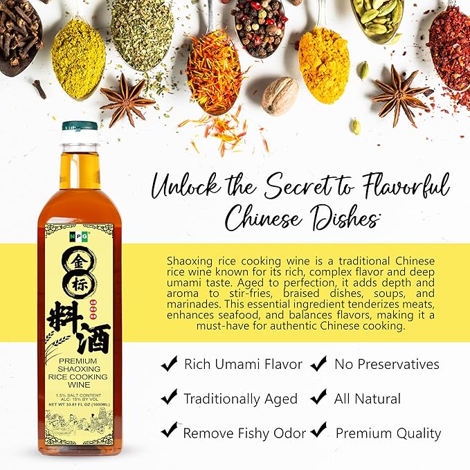 NPG Premium Shaoxing Cooking Wine, 33.81 Fl Oz (Pack of 2), Authentic Shao Hsing Rice Wine for Chinese and Asian Cooking, Perfect Flavor Enhancer for Stir-Fries, Marinades, and Soups