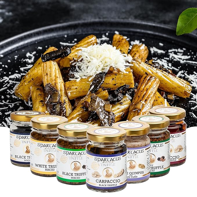 Spartacus Black Truffles Preserved in Extra Virgin Olive Oil - Perfect Gourmet Seasoning for Pizza, Pasta, Salads, Potatoes, Meat and Eggs - Vegan and Gluten Free (3.17 oz)