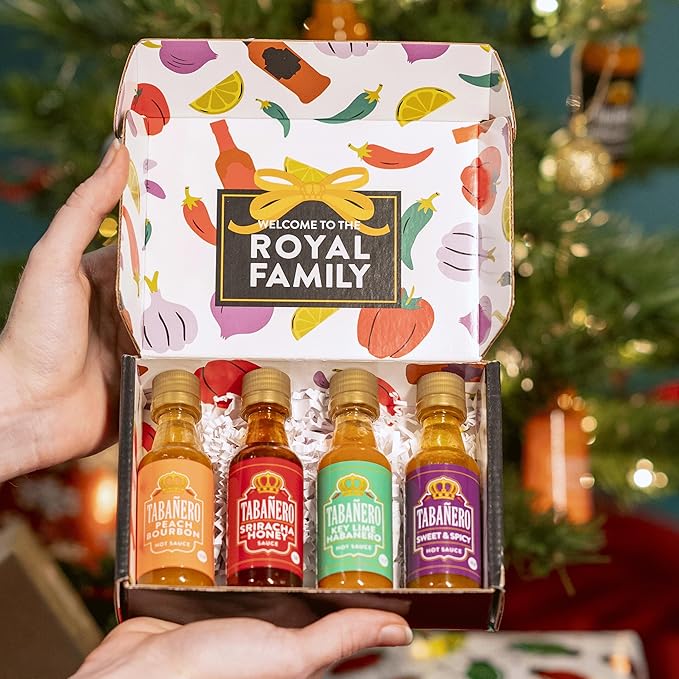 Taba챰ero Variety Hot Sauce Gift Set, 4 Pack, Kit Includes Peach Bourbon, Sriracha Honey, Key Lime Habanero, Sweet & Spicy, 1.7 oz Mini Glass Bottles, All Natural, Gluten Free, Low Sodium, Vegan, Kosher, Made in the USA