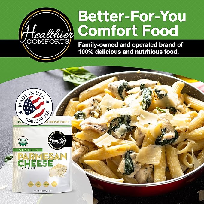 Healthier Comforts Organic Parmesan Cheese Powder, Kosher, Non-GMO, Chemical Free, Gluten Free, Keto Friendly, From Cows Raised Free of Antibiotics or Hormones (rBGH or rBST) (7 Ounce (Pack of 1), Organic Parmesan)