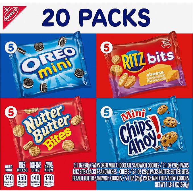 Nabisco Classic Mix Variety Pack, OREO Mini, CHIPS AHOY! Mini, Nutter Butter Bites, RITZ Bits Cheese, School Snacks, 20 - 1 oz Snack Packs