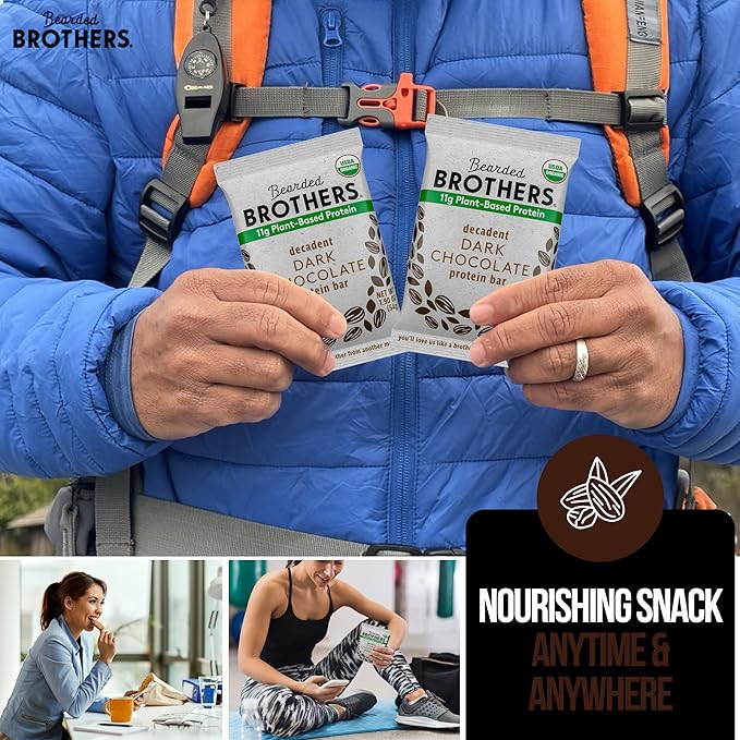 Bearded Brothers Organic Protein Bars, Dark Chocolate (10 Pack) - 11g of Plant Based Protein Gluten Free Vegan, Non-GMO Healthy Snacks for Adults Good Source of Fiber