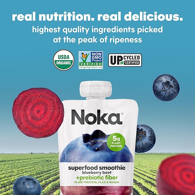 Noka Superfood Fruit Smoothie Pouches, Blueberry Beet, Healthy Snacks with Flax Seed, Plant Protein and Prebiotic Fiber, Vegan and Gluten Free Snacks, Organic Squeeze Pouch, 4.22 oz, 6 Count
