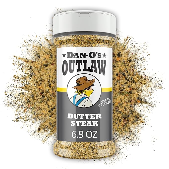 Dan-O's Outlaws Butter Steak Seasoning, 6.9 oz Bottle, All Purpose Seasoning for Steak, Chicken, Veggies and More, Sugar Free, Zero Calorie, Use this Spice Blend to Craft a Marinade, Dry Rub or Sauce