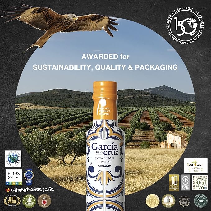 GARCÍA DE LA CRUZ - Organic Extra Virgin Olive Oil, Master Miller Premium Oil, Almond and Tomato Tones, Smooth Body, Sourced in Spain, Montes de Toledo, Glass Bottle - 250 ml