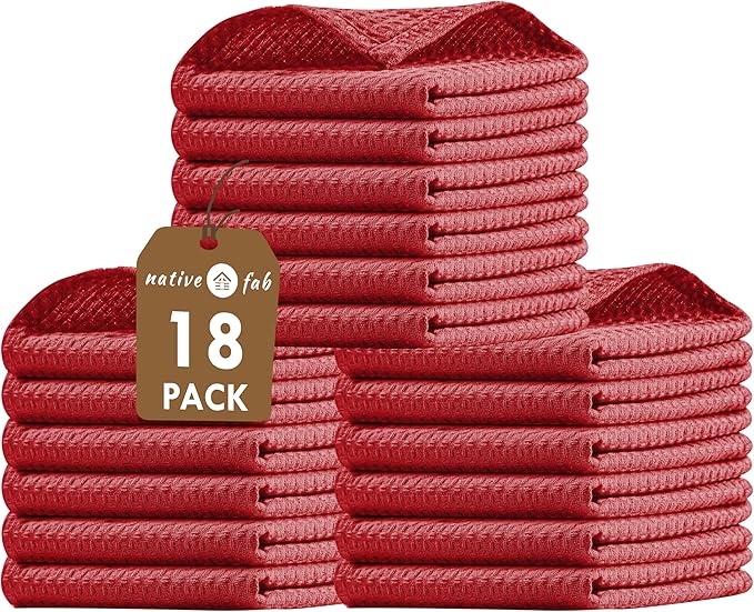 Native Fab Waffle 18 Pack Dish Cloths - 100% Cotton, 12"x12", Absorbent, Quick Drying, Washable Towels for Cleaning, Cooking & Baking - Ideal for Home, Hotels, Bars, Restaurants, Multiple Use - Red