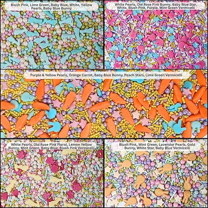Confect Easter Sprinkles Edible | Assorted pack of 5 White, Sky Blue, Pink, Yellow, Pearls, Easter Bunny & Vermicelli I Cookies, Desserts & cupcake Decorating | Edible Sprinkles Mix for Baking & Cake