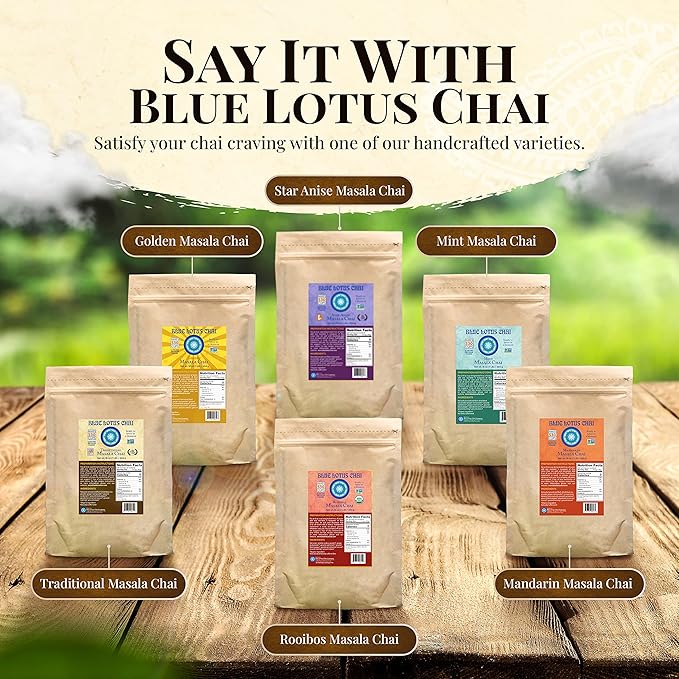 Blue Lotus Chai - Rooibos Masala Chai - Makes 530 Cups - 1 Pound Bulk Bag Masala Spiced Chai Powder with Organic Spices - Instant Indian Tea No Steeping - No Gluten