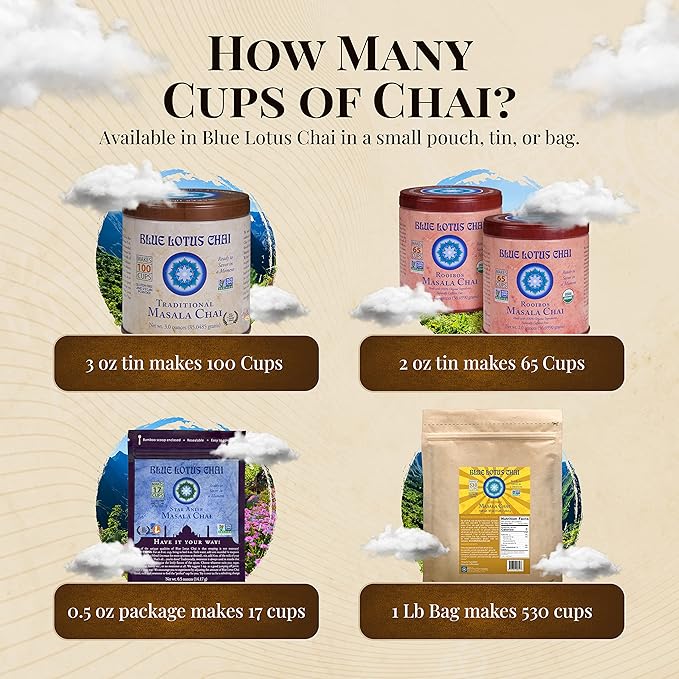 Blue Lotus Chai - Rooibos Masala Chai - Makes 530 Cups - 1 Pound Bulk Bag Masala Spiced Chai Powder with Organic Spices - Instant Indian Tea No Steeping - No Gluten