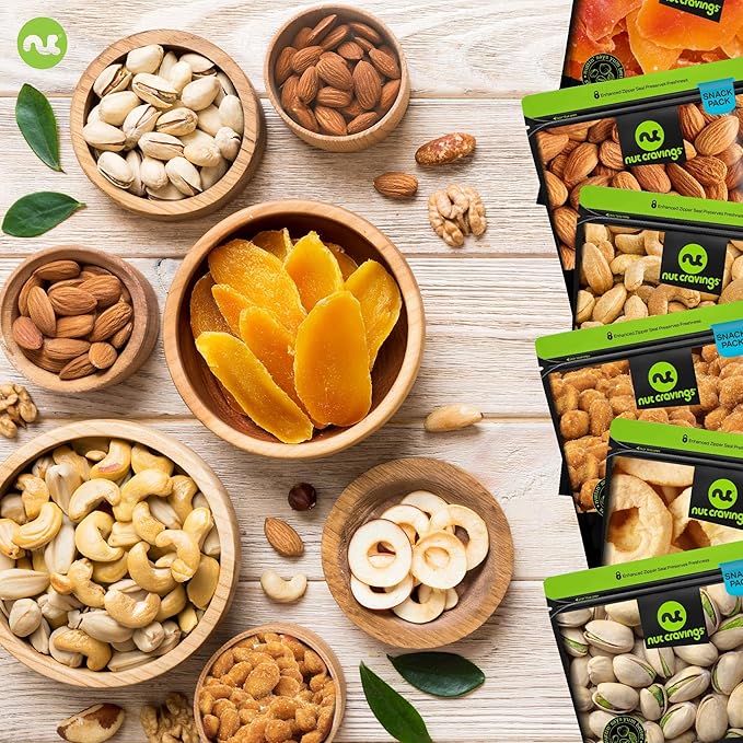NUT CRAVINGS - Diwali Dried Fruit & Mixed Nuts Basket in Green Box (6 Assortments of 4 oz, 1.5 lb) Food Arrangement, Healthy Snack Care Package, Food Assortments