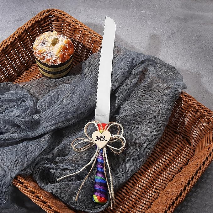 TANG SONG Set of 2 Mr & Mr Rainbow Gay Pride Flag LGBT Wedding Cake Knife and Serving Set with Rainbow Silk Ribbon and Heart Shaped Wood Tag Design Wedding Cake Knife (Set of 2)