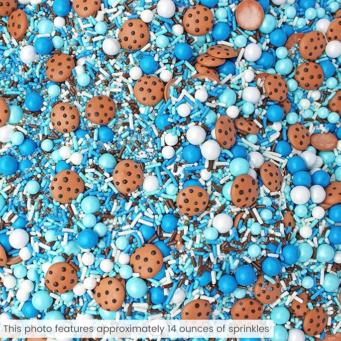 Sprinkle Pop Cookies & Milk Sprinkle Mix| Blue and White Sprinkles with ~6 Hand Piped Chocolate Chips Cookies and Brown Pops| Decorating Sprinkles Made in USA For Birthday Cake Cupcakes Donuts, 2oz