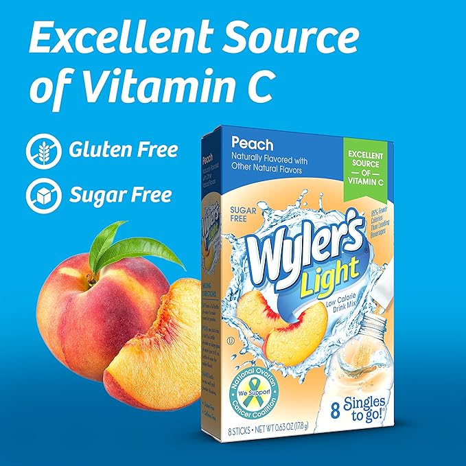 Wyler?셲 Light Singles-To-Go Sugar Free Drink Mix, Peach, 8 CT Per Box (Pack of 12)