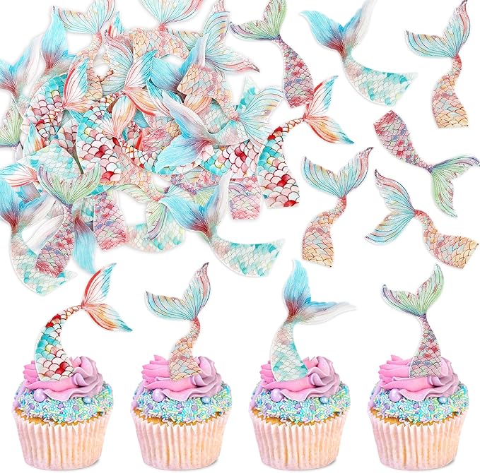 40Pcs Edible Mermaid Tails Cupcake Toppers Wafer Paper Mermaid Tail for Mermaid Party Cake Drink Decoration Baby Shower Party Supplies