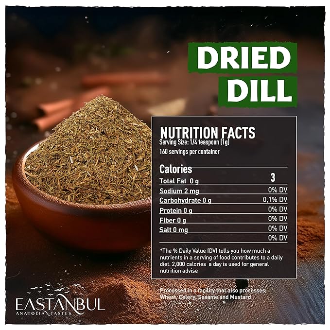 Eastanbul Dill Weed, 2.5oz Dried Dill Weed, Eneldo En Povlo, Pure, Freshly Cut, Sifted, Mediterranean Seasoning, Exquisitely Fragrant, Pairs with Salads, Dips, Soups, Seafood and More