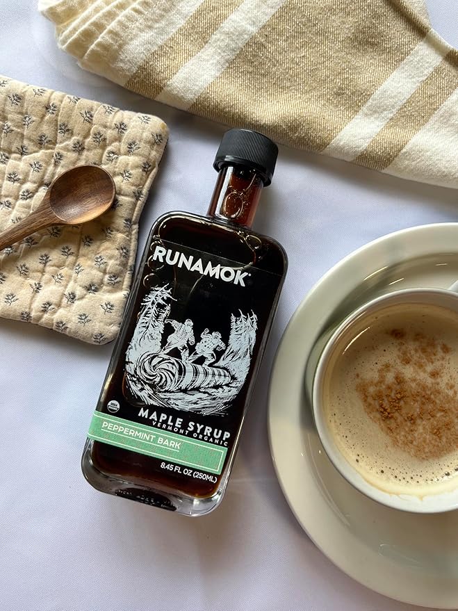 Runamok Maple Peppermint Bark Infused Maple Syrup - Authentic & Real Vermont Maple Syrup | Gluten Free & Natural Sweetener | Great Christmas Holiday Gift for Foodies! Breakfast, Coffee, Pancakes Maple Syrup | 8.45 Fl Oz (250mL)