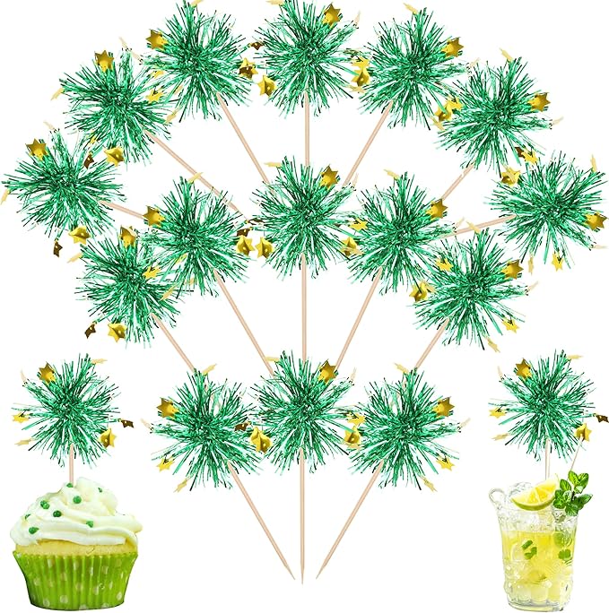 Rsstarxi 30 Pack Foil Firework Cupcake Toppers Birthday Sparkle Tinsel Drink Cake Decorations Cocktail Picks for New Years Valentine's Day Birthday Wedding Graduation Party Decorations Green