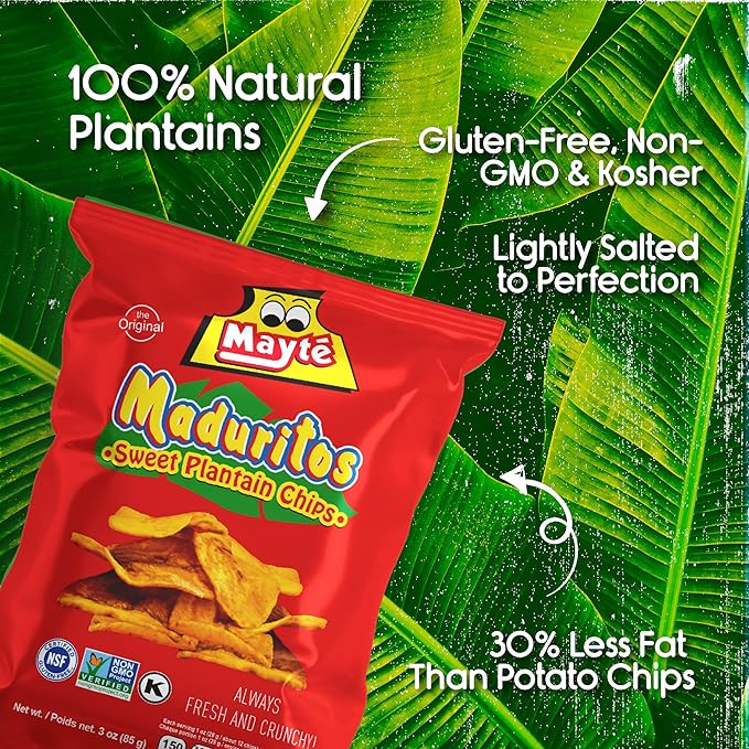 Mayté Maduritos Sweet Plantain Chips – 30 Individual Packs (3oz Each) – Crunchy, Savory, Healthy Snacks Made from Real Plantains – Non-GMO, Gluten-Free, Kosher – No Preservatives or Artificial Colors