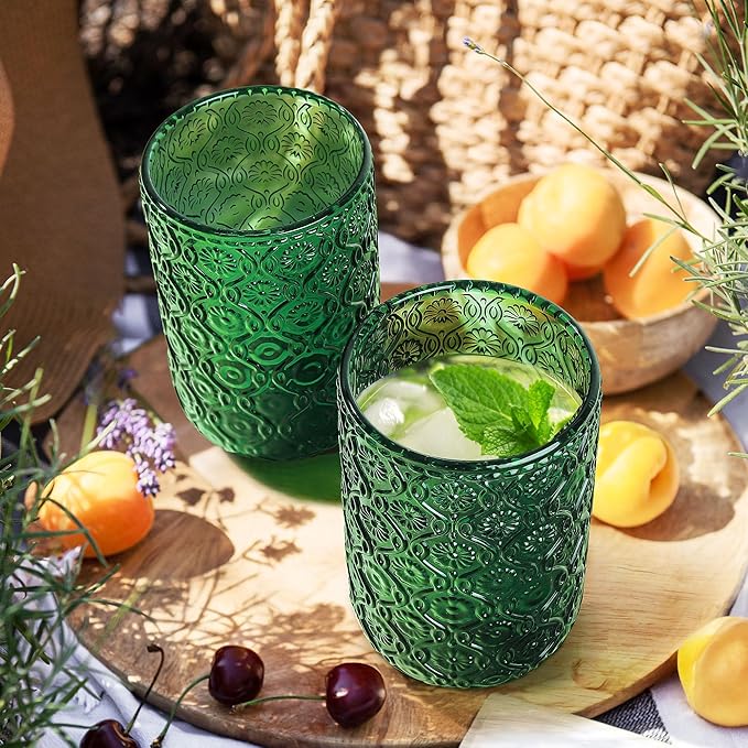 Joeyan Vintage Drinking Glasses,Green Embossed Floral Highball Glass Water Tumbler,14 oz Colored Beverages Juice Cocktail Beer Wine Glassware Cups,Set of 4,Dishwasher Safe