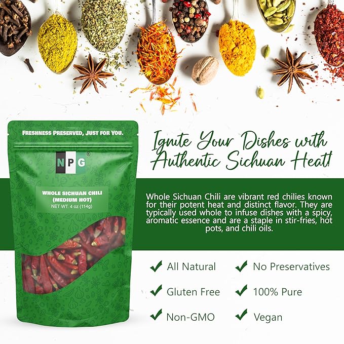 NPG Sichuan Red Chili Peppers 4 Ounces, Medium Hot, Premium Szechuan Dried Red Chilies for Chili Oil, Paste, and Sauce, Used in Mexican, Chinese, Thai Dishes