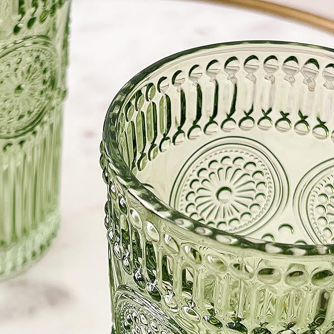 Vintage Ribbed Green Drinking Glasses Set of 6-13 oz Embossed Glass Cups for Water, Iced Tea, Cocktails - Colored Glassware for Kitchen, Vintage Tumblers, Cute Glass Cups, Boho Drinkware