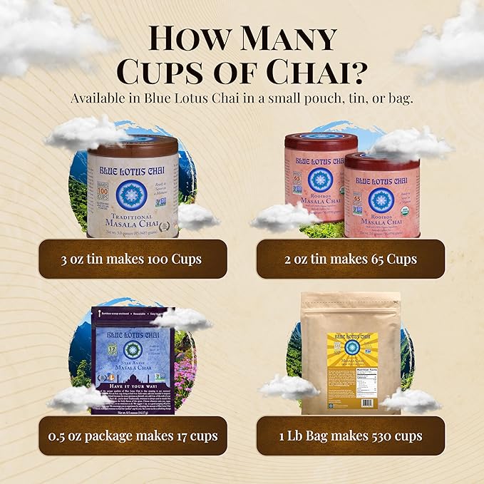 Blue Lotus Chai ??Organic Rooibos Masala Chai - Makes 265 Cups ??Caffeine-Free, No Steeping, No Gluten - 8 Ounce Masala Chai Powder with Organic Spices ??Authentic Indian Tea