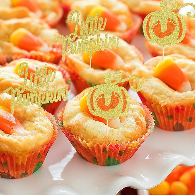 24Pcs Little Pumpkin Cupcake Toppers - Baby Shower Cake Decorations with Baby Feet Pumpkin Cupcake Picks for Thanksgiving, Halloween, Kids Birthday Parties - Gold Glitter