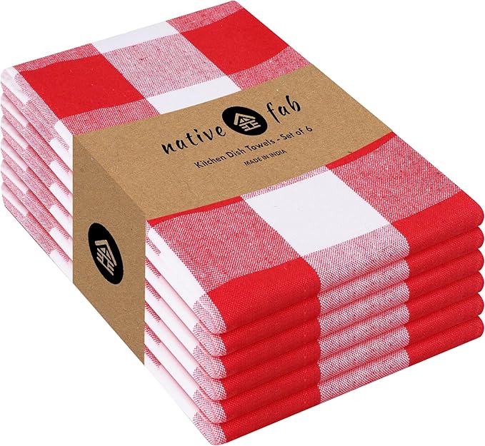Native Fab 6-Pack Kitchen Towel with Hanging Loop 16x26 inches, Cotton Buffalo Check Kitchen Towels for Cleaning Drying, Washcloths Soft & Absorbent Cloth Rags, Bar Towel, Dish Cloth, Red