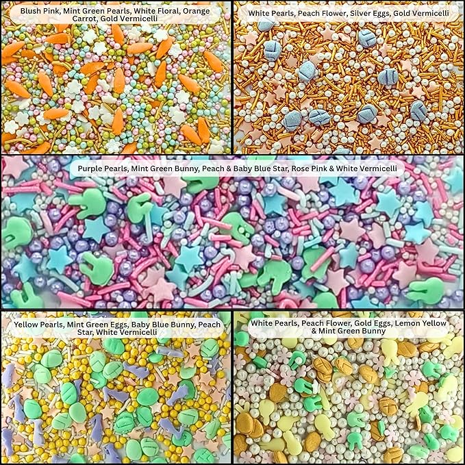 Confect Easter Sprinkles Edible | Assorted pack of 5 White, Pink and Gold Pearls, vermicelli , Easter Bunny & Stars I Cookies, Desserts & cupcake Decorating | Edible Sprinkles Mix for Baking & Cake