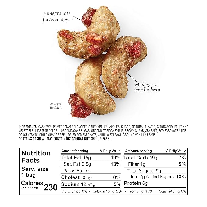 Sahale Snacks Pomegranate Vanilla Cashews, 1.5 oz Bags (18 Packs) - Dry-Roasted Deluxe Mixed Nuts with Pomegranate Infused Apples & Madagascar Vanilla - Non-GMO, Kosher, & Certified Gluten-Free Snacks
