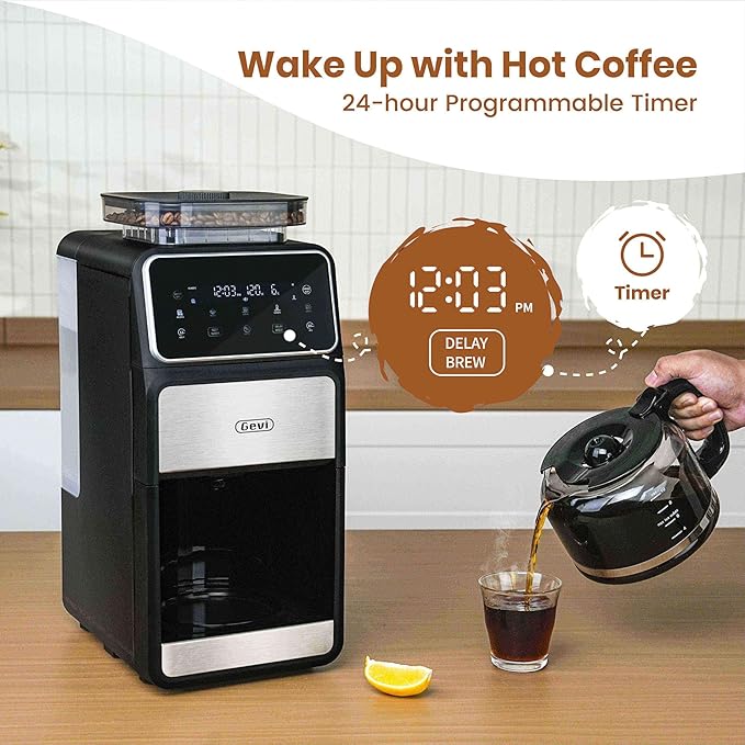 Gevi 10-Cup Grind & Brew Coffee Maker with Built-in Burr Grinder โ Programmable Touch Screen, 4-Hour Keep Warm, Permanent Filter, Drip Coffee Machine for Home & Office