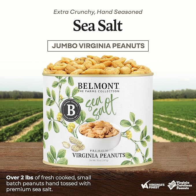 Belmont Peanuts Gourmet Sea-Salted Virginia Peanuts, 38 oz (1 Pack) ??Only 3 Simple Ingredients, No Preservatives, 7g Protein ??A Premium, Salty, Crunchy, Hand Seasoned Snack