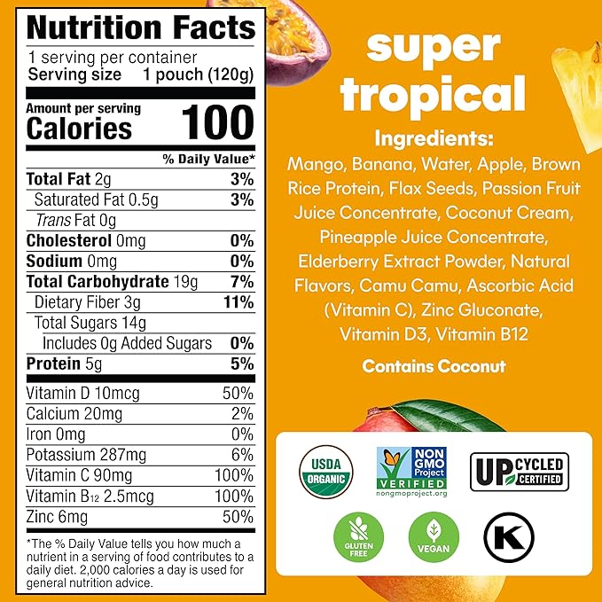 Noka Superfood Fruit Smoothie Pouches, Super Tropical with Immune Support, Healthy Snacks with Elderberry, Vitamin C, Flax Seed and Plant Protein, Vegan, Gluten Free, Organic Fruit Squeeze Pouch, 4.22 oz, 12 Count