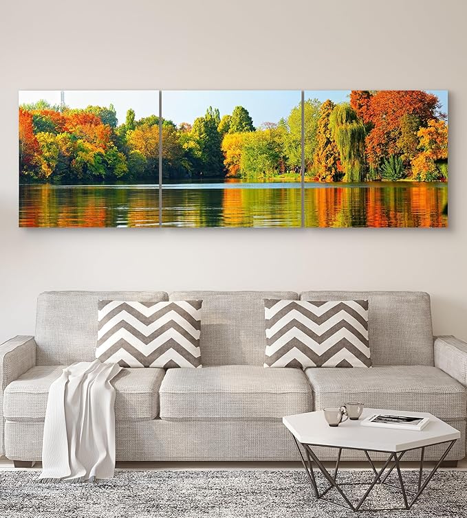 Fall Forest Lake Landscape Canvas Wall Art Decor - 24x24 3 Piece Set (Total 24x72 inch) - Large Decorative & Modern Multi Panel Split Prints for Dining & Living Room, Kitchen, Bedroom & Office
