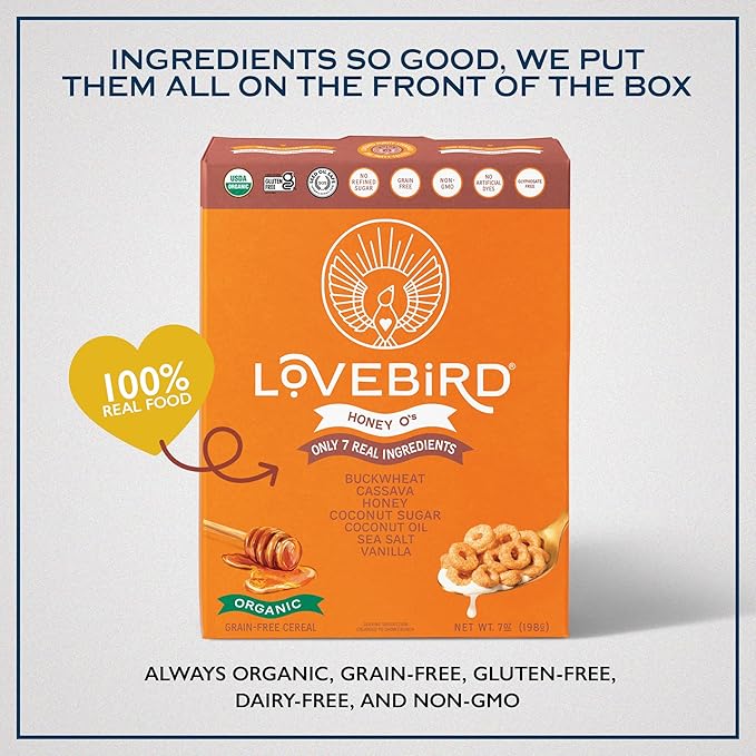 Lovebird Organic Gluten Free Cereal, Honey Flavor ??Prebiotic Fiber, Gut Health, Low Sugar, Grain Free, Breakfast or Snack ??Healthy Cereal Made With Real Food, 3 Pack, Kids & Adults