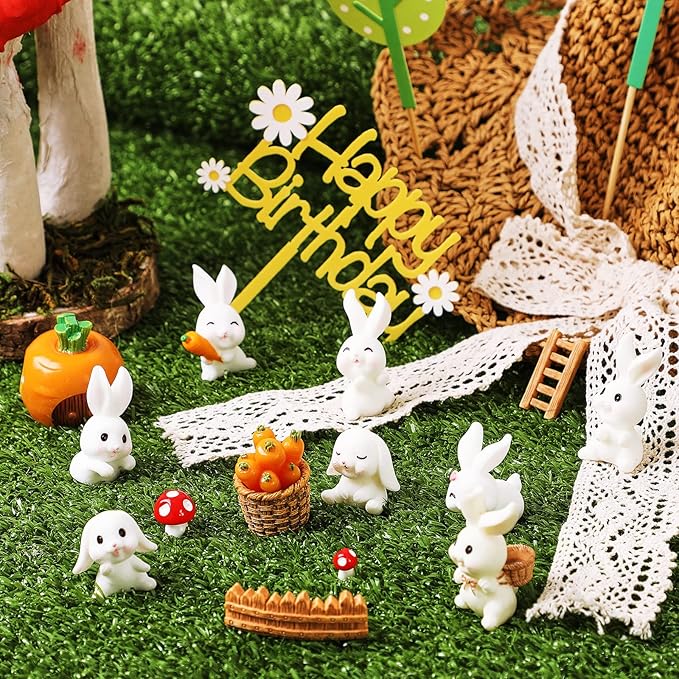 Yookeer 24 Pcs Bunny Cake Topper Set Rabbit Decorations Figurines Carrot Cake Decorations Rabbit Topper Happy Bunny Birthday for Kids DIY Birthday Party Garden Decor