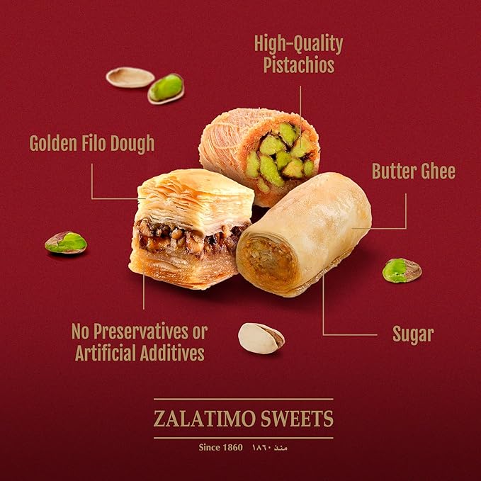 Zalatimo Sweets Since 1860, 100% All Natural Assorted Mamoul Shortbread Cookies, Square Metal Gift Tin, Slightly Sweet Cookies, Pistachio, Walnuts, Dates, No Preservatives, No Additives, 1.7Lbs
