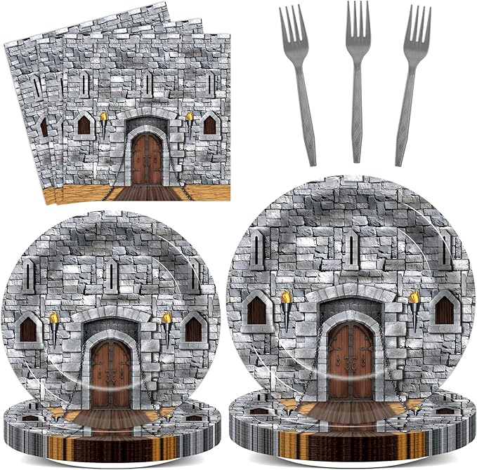 96PCS Medieval Party Plates and Napkin Castle Party Decorations Castle Knight Birthday Party Dessert Plates Medieval Themed Tableware Set for 24 Guests Kids Birthday Baby Shower Party Supplies
