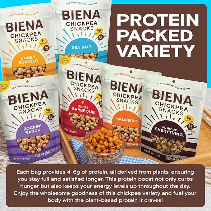 BIENA Chickpea Snacks - Crunchy Roasted Chickpeas - High Fiber Vegan Protein Snack for Adults & Kids - 6-Pack, 5 oz Bags - BBQ, Habanero, Honey Roasted, Lil' Bit of Everything, Sea Salt, Rockin' Ranch