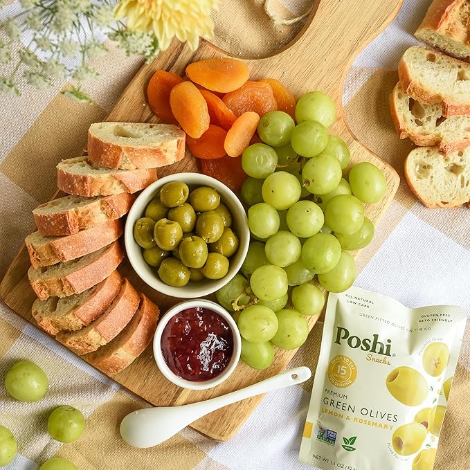Poshi Green Pitted Olives | Lemon & Rosemary | Vegan, Kosher, Gluten Free + Keto Friendly, Fresh, All Natural Low Calorie Healthy Snacks | (30 Pack, 1.1oz Bags)