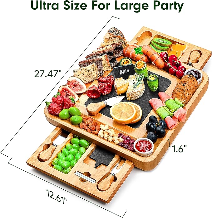 Easoger Large Bamboo Charcuterie Boards, Cheese Platter with 2 Drawers, Serving Knife, 2 Ceramic Bowl - Unique Housewarming, Wedding and Bridal Gift