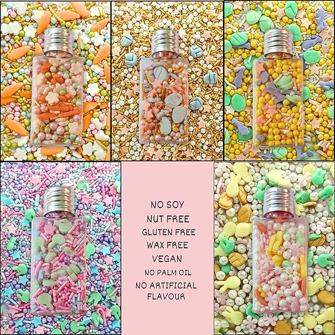 Confect Easter Sprinkles Edible | Assorted pack of 5 White, Pink and Gold Pearls, vermicelli , Easter Bunny & Stars I Cookies, Desserts & cupcake Decorating | Edible Sprinkles Mix for Baking & Cake