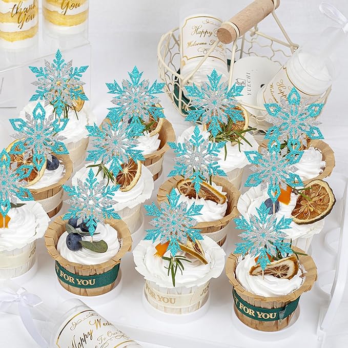 Rsstarxi 24 Pack Blue Snowflake Cupcake Toppers Double Layered Silver Snowflake Cupcake Picks Decoration for Winter Frozen Theme Baby Shower Wedding Birthday Christmas Party Cake Decorations