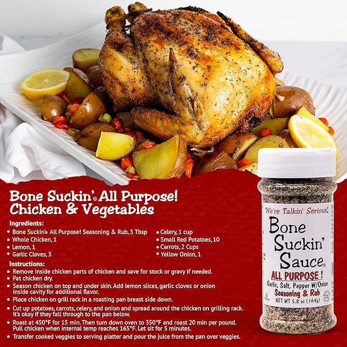 Bone Suckin' All Purpose Seasoning & Rub, Zero Calorie, Sugar Free, Gluten Free, Non GMO, No MSG, Kosher, Garlic, Salt, Pepper & Onion