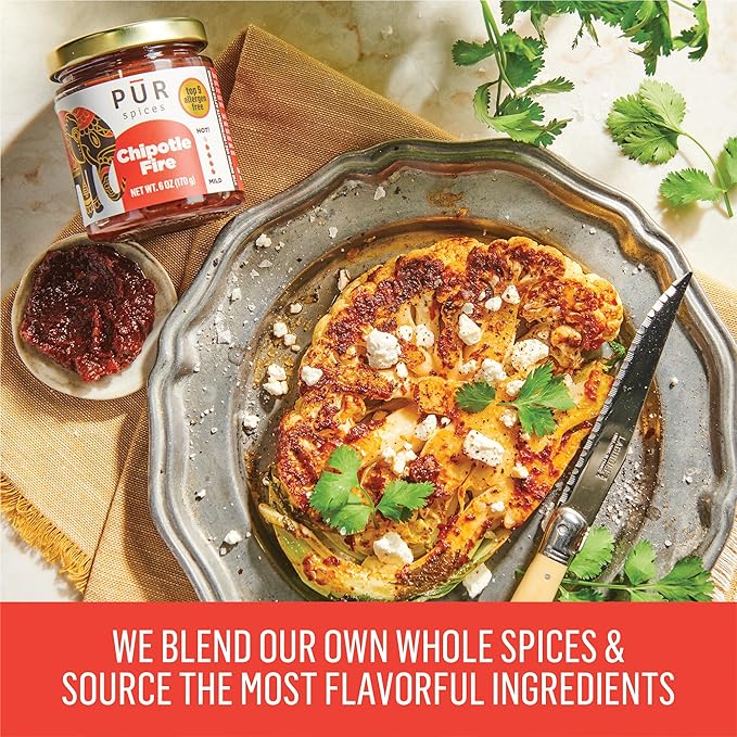 PUR Spices Chipotle Fire Spicy Hot Sauce I Chili Pepper Cooking Paste for Dipping, Chili Seasoning, Taco Sauce, Salsa I Plant Based, Gluten Free, No sugar added, Preservative and Additive Free I 6oz Jar
