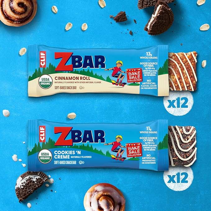 Zbar - Bake Sale Collection - Cookies 'N Creme and Cinnamon Roll Flavor - Soft Baked Snack Bars Variety Pack - Non-GMO - Whole Grains - USDA Organic Granola Bars (24 Pack)